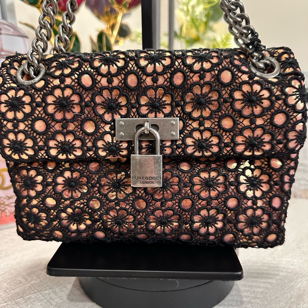 Kurt Geiger NWT Metallic with Black Crochet Overlay and Dustbag
